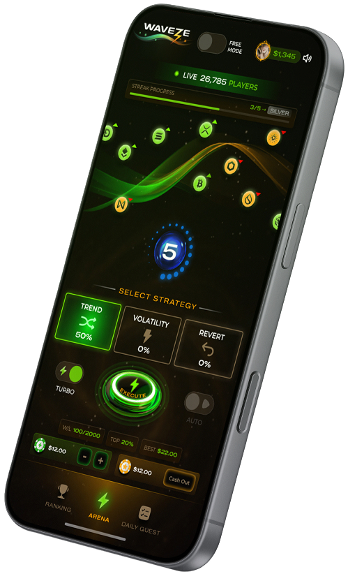 Waveze gameplay on mobile — strategy selection, live timer, execute